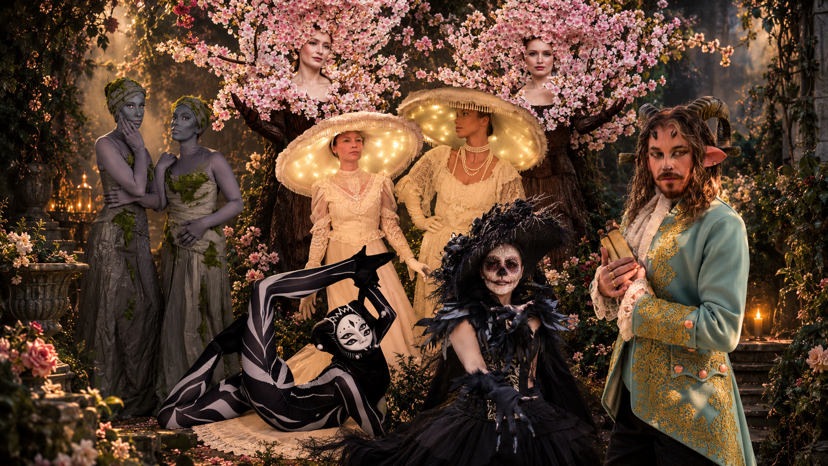 An ensemble of living statues, blossom-crowned characters, glowing mushroom muses, a contortionist, and candlelit fantasy performers in a garden at dusk