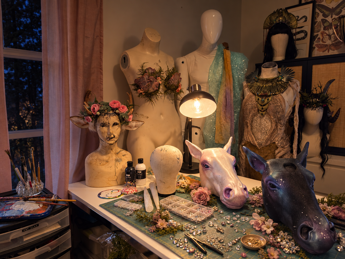 Illuminated studio workstation with two unicorn heads, a floral faun bust, a work lamp, and an ornate costume on a mannequin