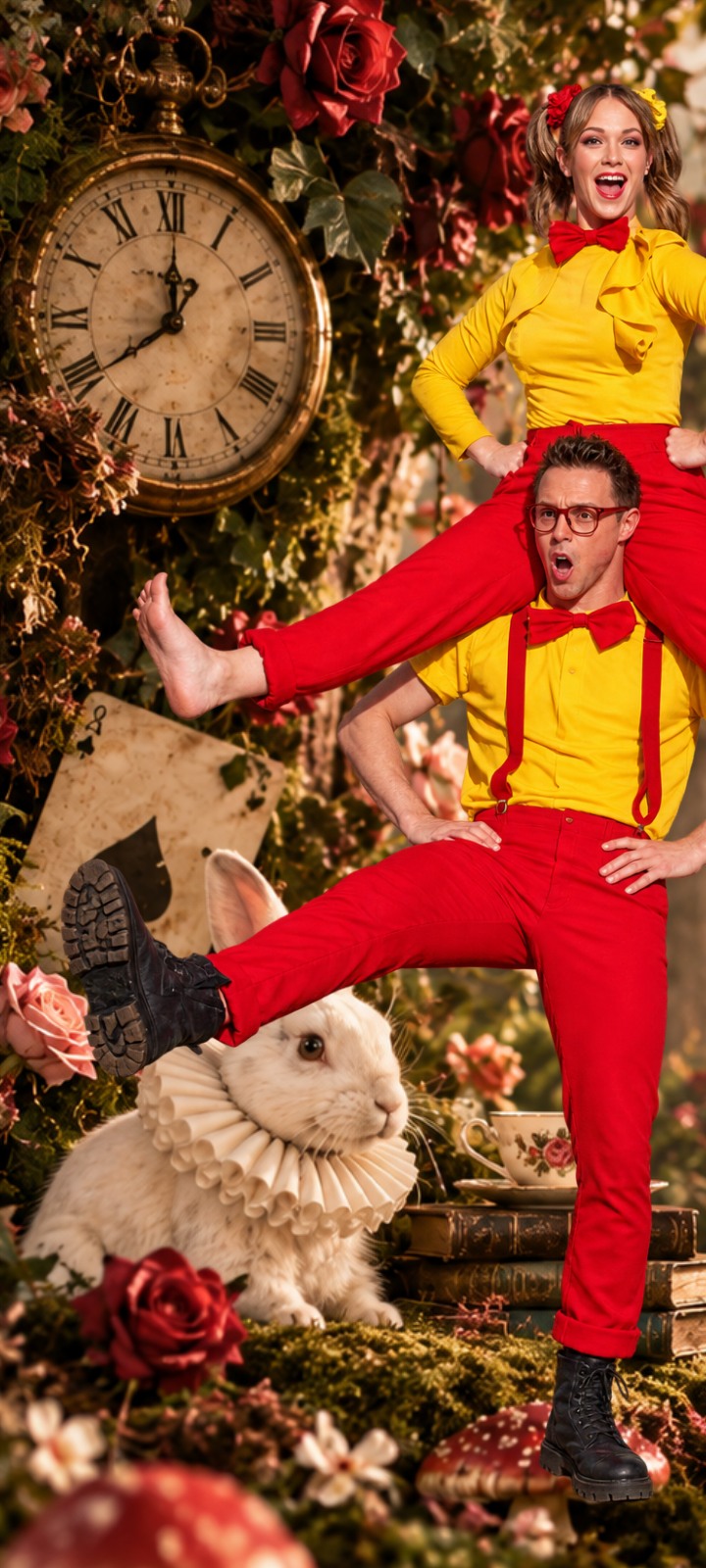 The brightly costumed Tweedles in a playful paired pose