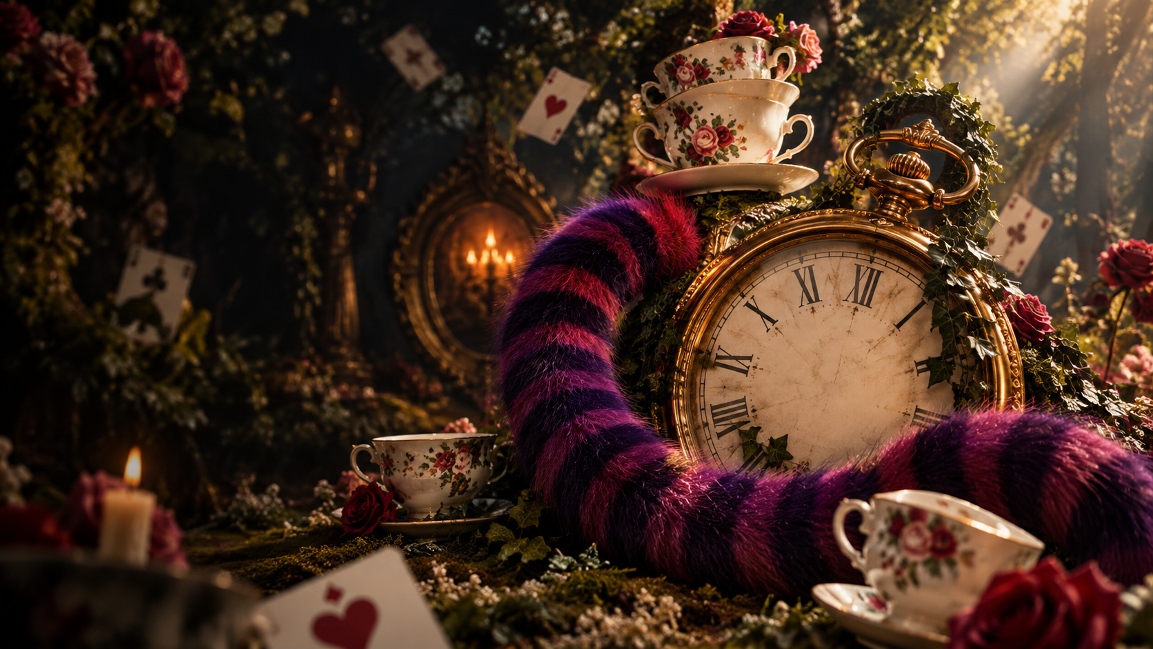 An oversized pocket watch surrounded by stacked teacups, roses, playing cards, and a striped purple tail