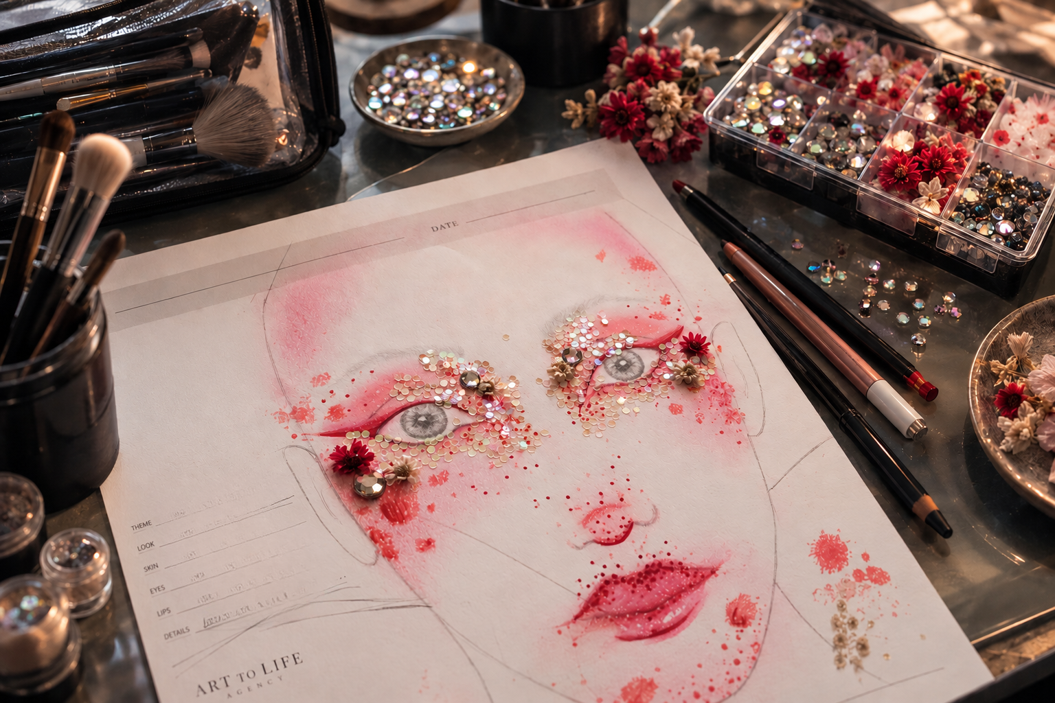 A character makeup concept sketch surrounded by brushes, crystals, and flowers