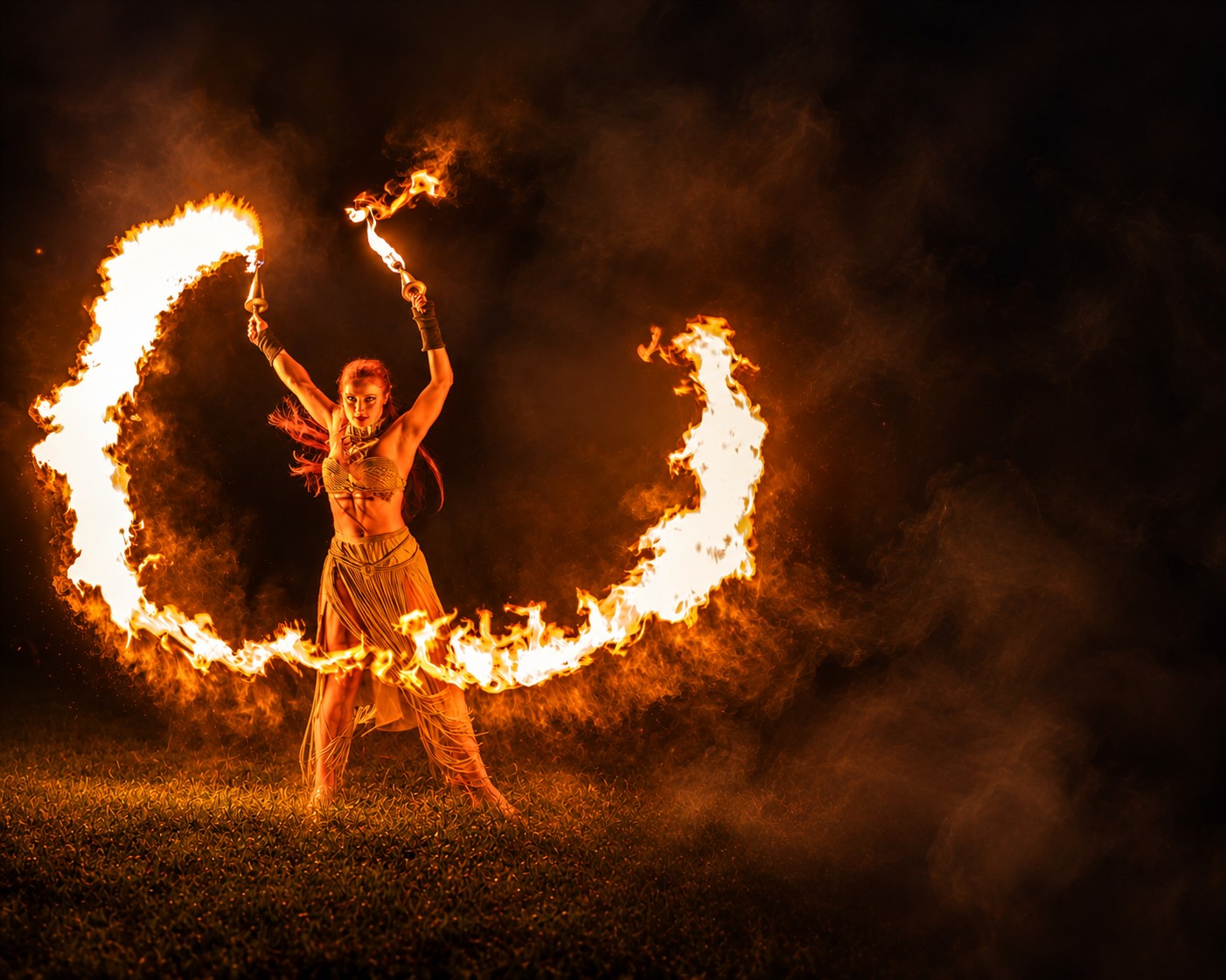 A fire performer creating a sweeping arc of flame at night
