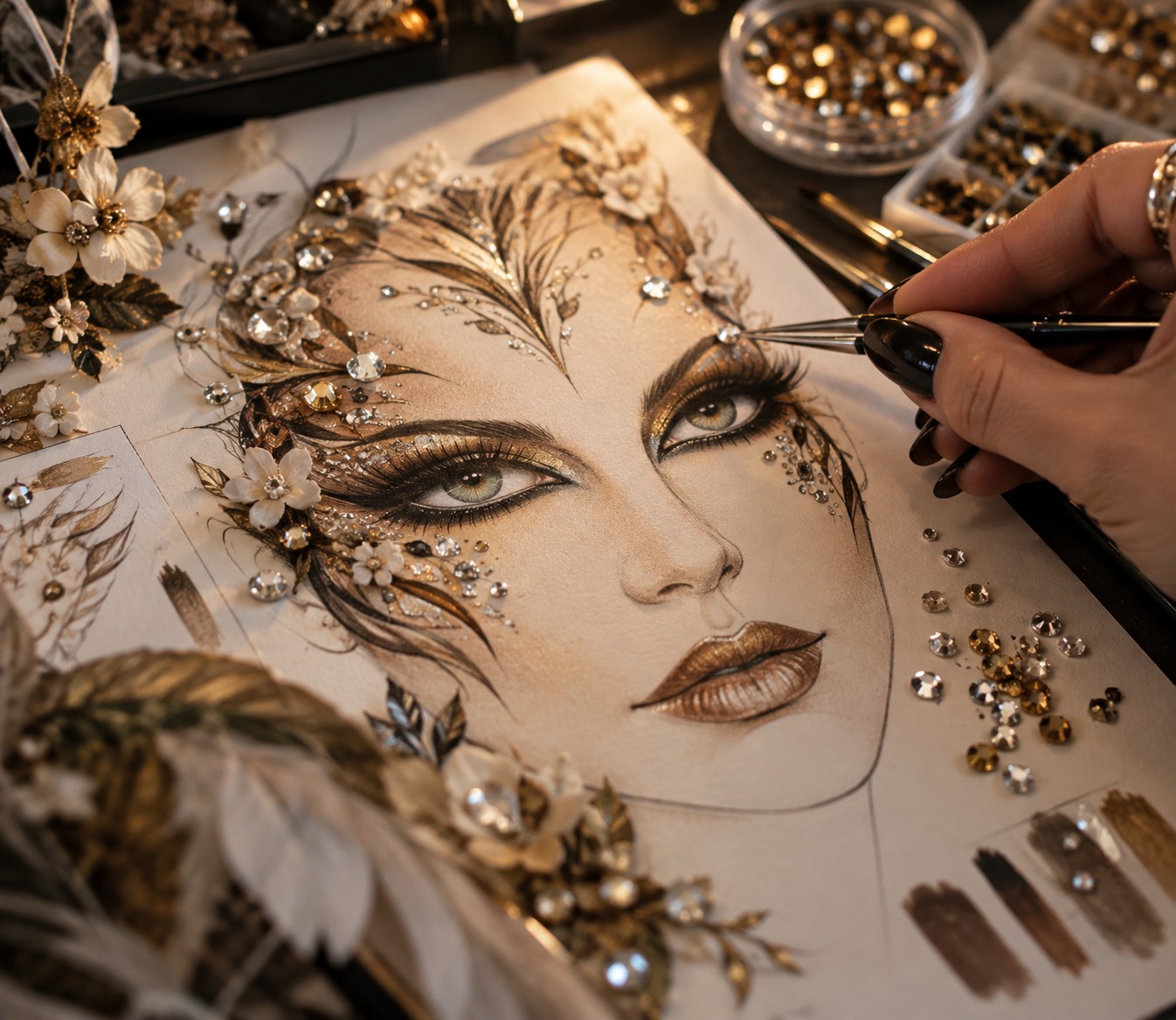 A hand adding crystals to an intricate character design sketch